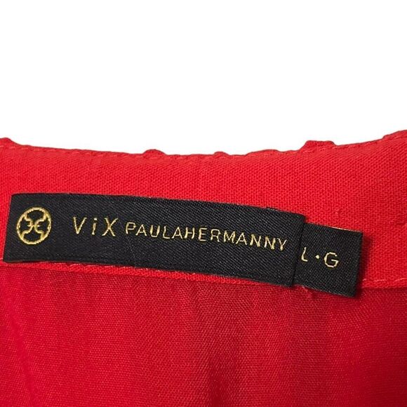 Vix Paula Hermanny Cyndi Wrap Midi Dress Women’s Size Large Red Crinkled Voile - Picture 11 of 13